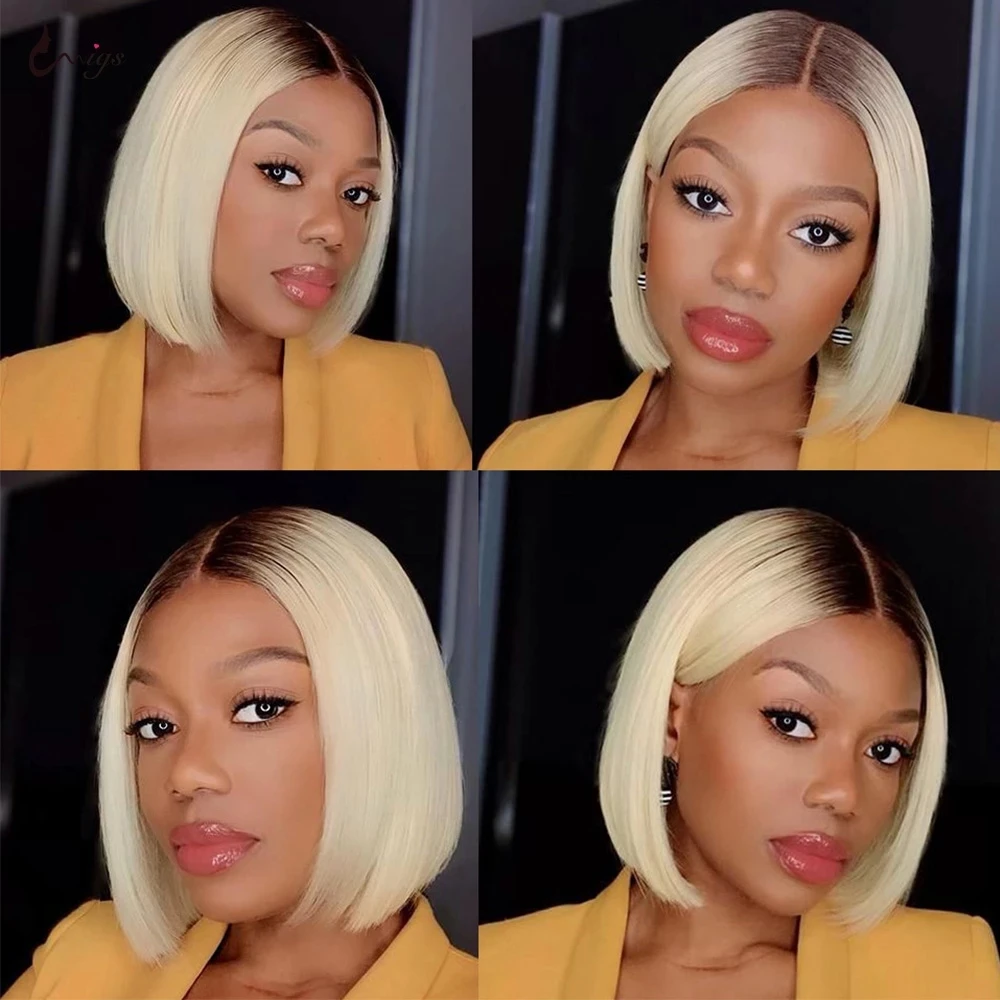 Lace Front Hummenhair Wig Straight Remy 1B/613 Colored Human Hair Bob Wigs Deep Part Swiss Lace Wig 150% Ombre Blonde 1 Piece