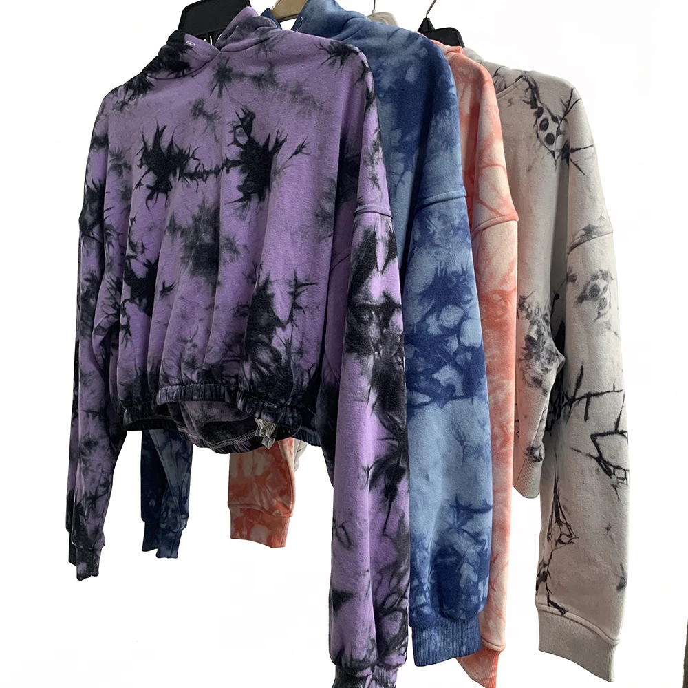2022 New Arrival Tie Dye 100% Cotton Hoodie Crop Top Women Long Sleeve Crop Hoodie