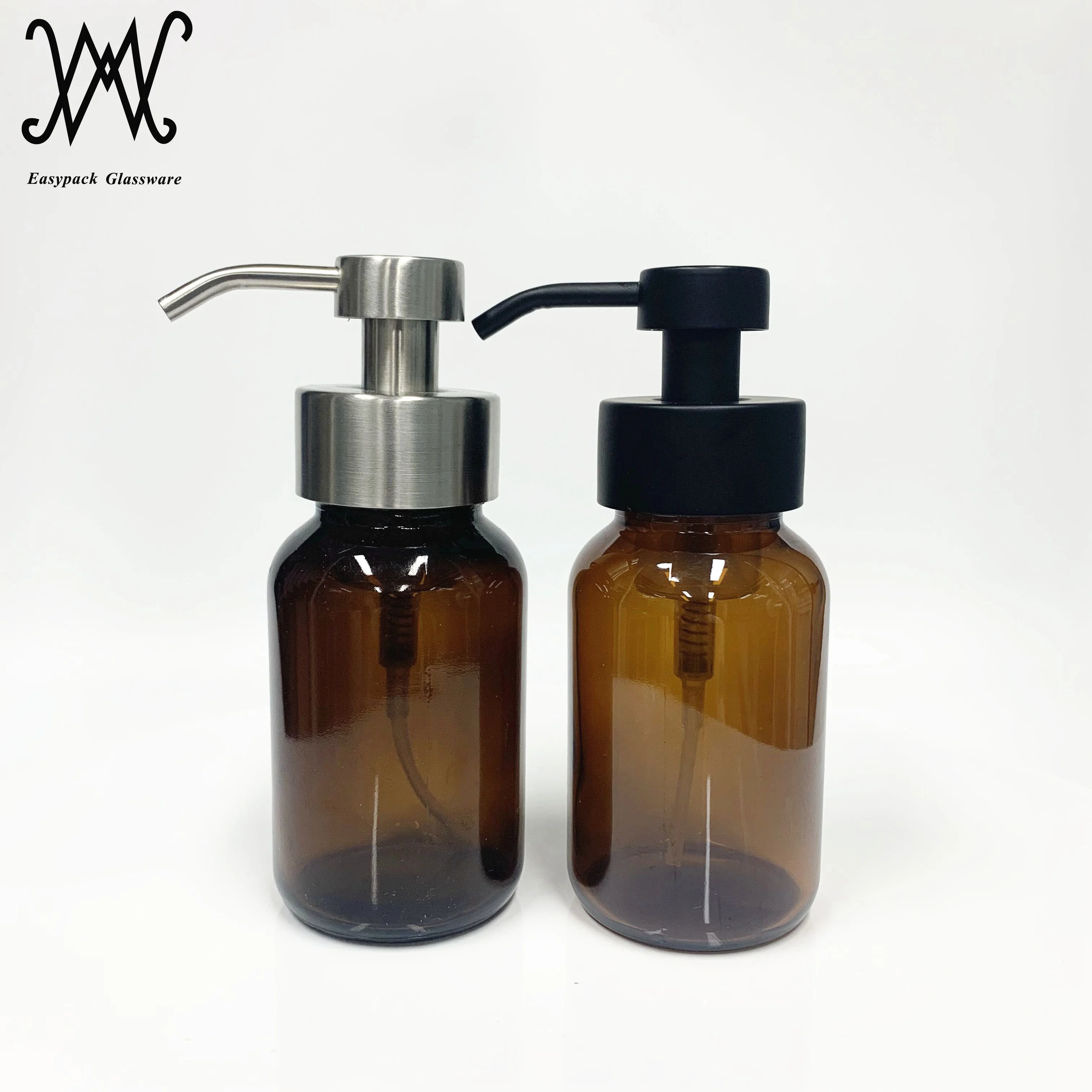 
250ml wide mouth amber glass bottle with matte black stainless steel hand soap dispenser pump 