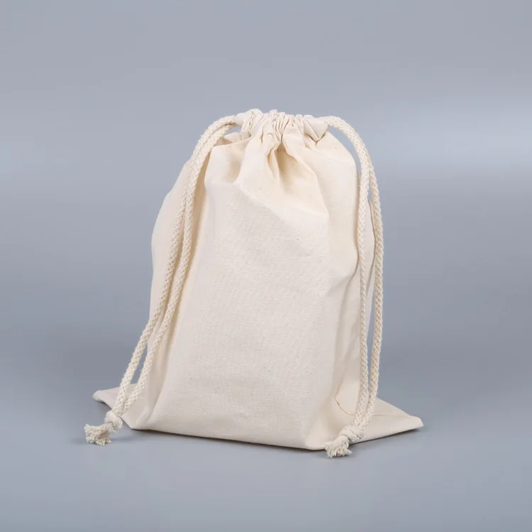 Qidi Amazon 10oz 2.75*3.5 6.7*9.1 Inch 100% Nature Color Cotton Recyclable Gift String Cotton Linen White Drawstring Bag