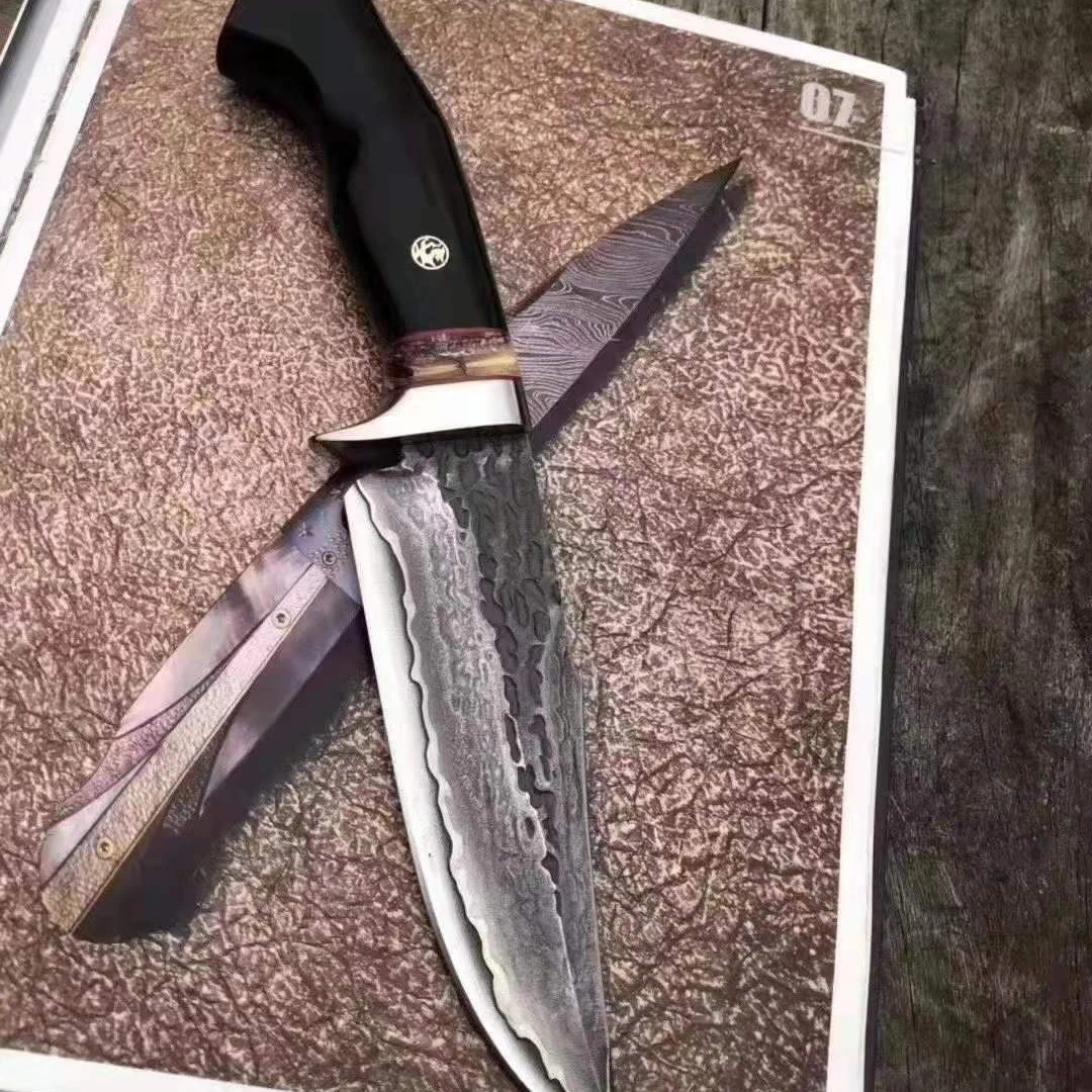 
Outdoor Knife Mammoth Tooth Fossil Imported Ebony Combination Handle Damascus Knife With Leather Sheath 