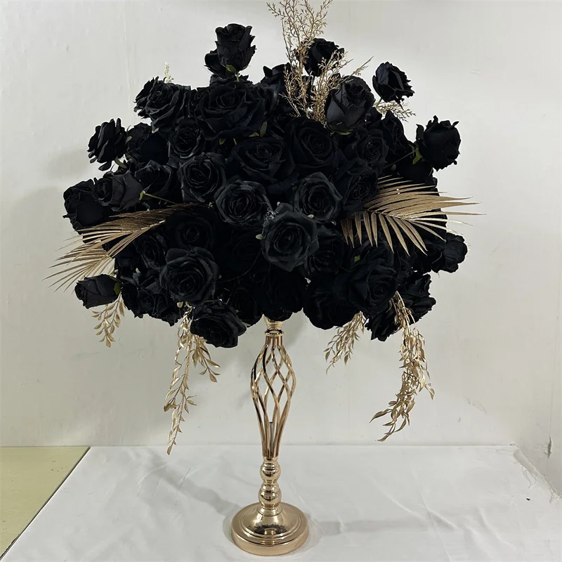 IFG 2023 New Designed 50cm 80cm Wedding Black Flower Ball with Black Ostrich Feather and Gold Leaves Decor