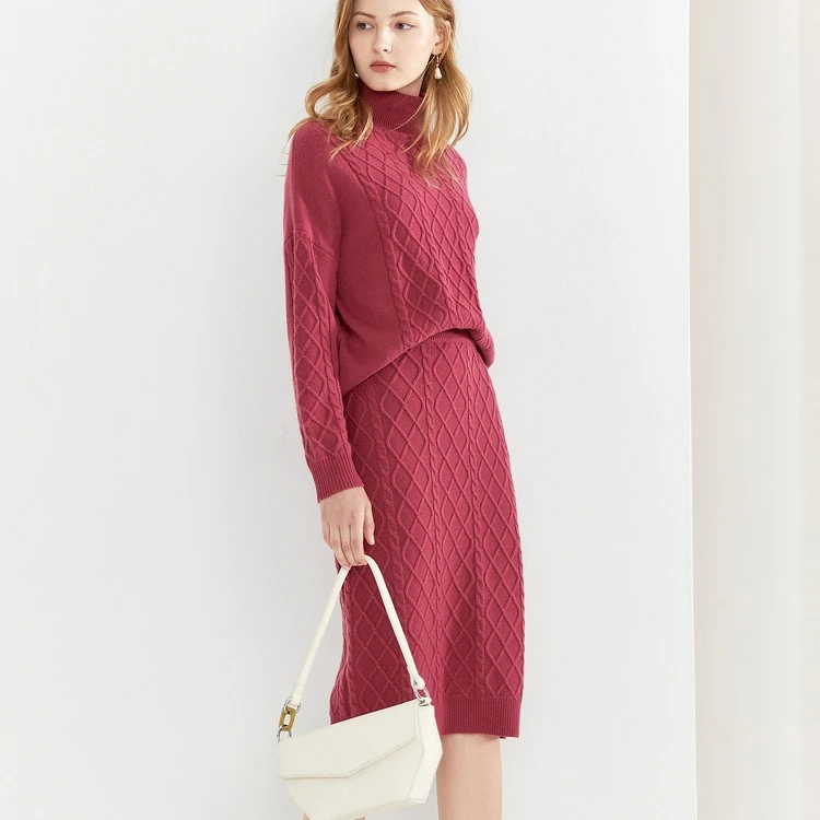 
Ladies sets with long sleeves top and skirt knitted sweater 