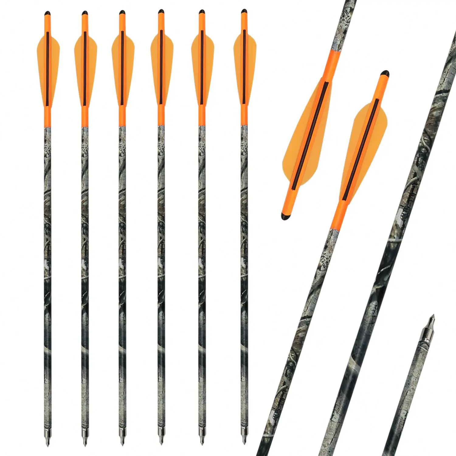 16/18/20 Inch Pure Carbon Crossbow Bolts Camouflage with Vanes Field Tips Mixed Carbon Crossbow Arrows for Outdoor Hunting