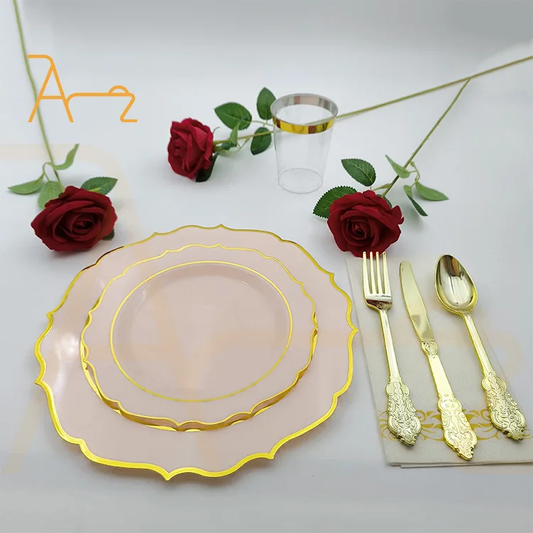 Wholesale pink plastic dinner charger plates dinnerware sets with napkin spoon fork knife cup party supplies disposable plates