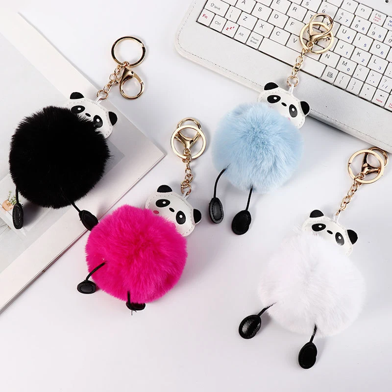 Cute Panda Fluffy Pompoms Fur Racoon Pom Poms Fox Fur Ball Key Chain