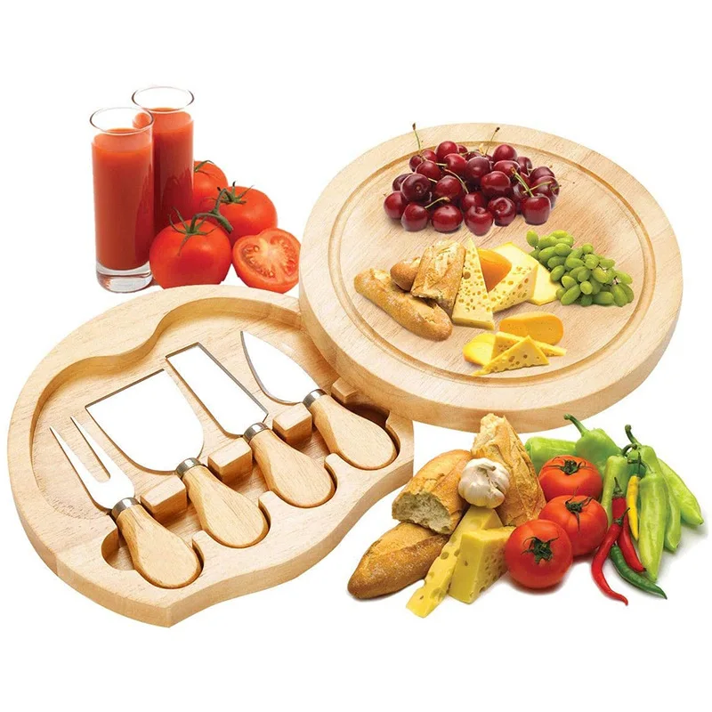 Multifunctional Portable  Natural Wood Round Cheese Board  4 Pieces Stainless Steel Cheese Knife Set with gift box