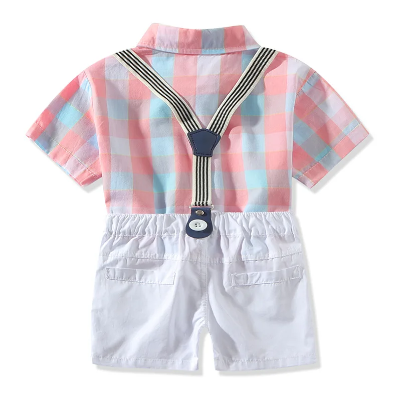 Bow plaid light blue pink shirt+belt pants preppy style gentleman summer boy party dress