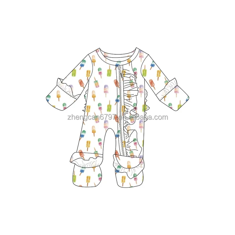 Wholesale Baby Clothes Warm Zipper Romper Custom Rugby Flower Print Bamboo Ruffle Onesie One Piece Pajamas For Kids