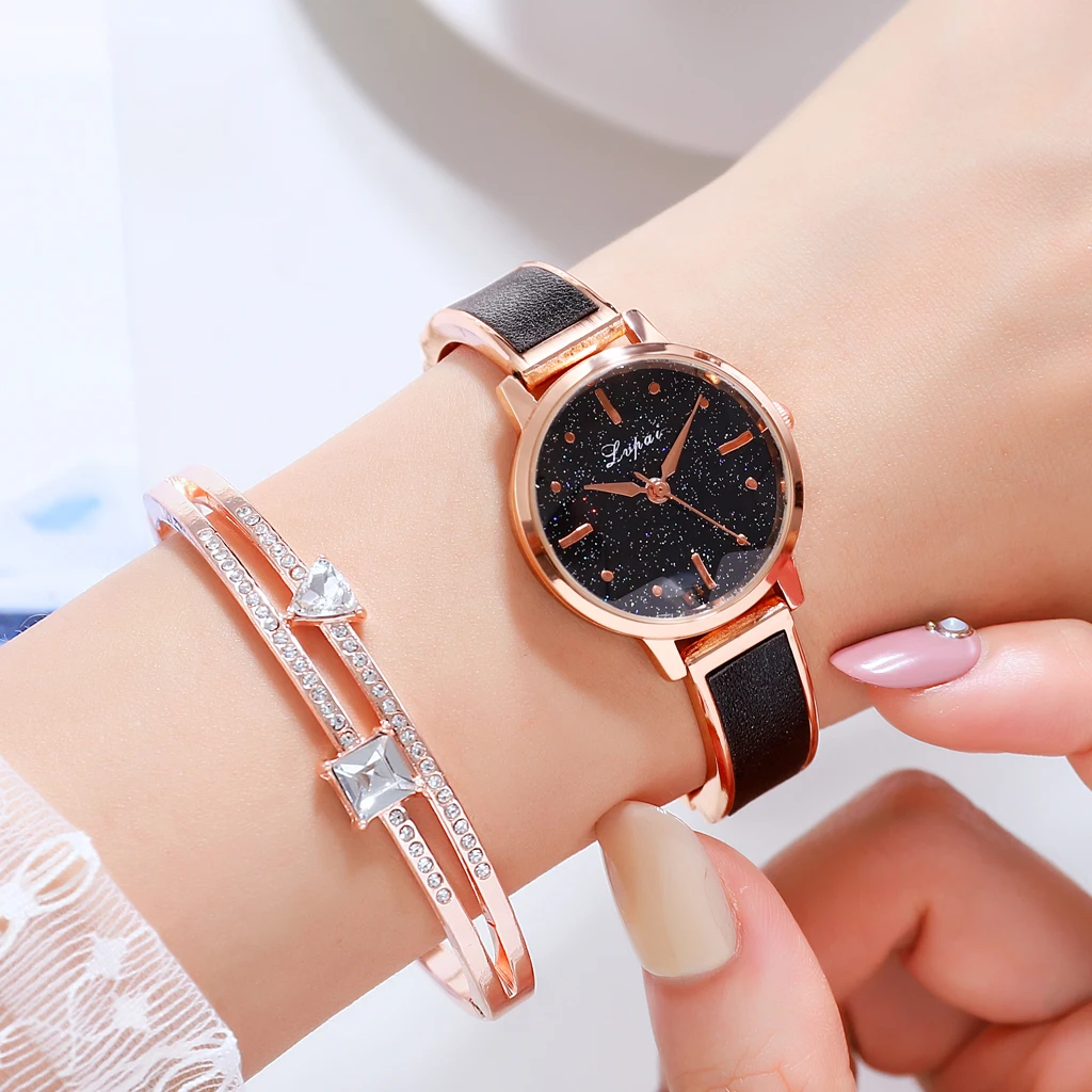 
Lvpai Brand Luxury Bracelet Rose Gold Starry Sky Dial Dress Watch For Women Simple Rhinestone Business Quartz Clock Wristwatch 