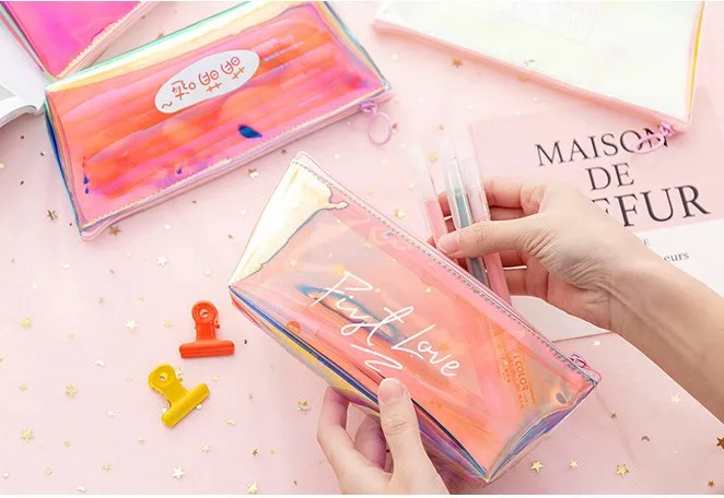 Прозрачная сумка на молнии с сердечками и блестками, школьный пенал из ПВХ на молнии, чехол для карандашей