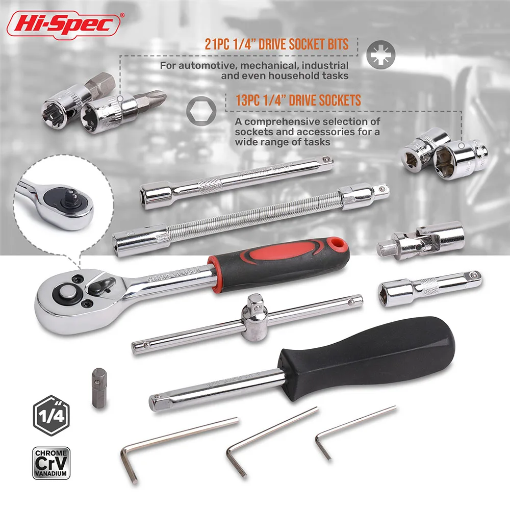  Набор метрических гнезд Hi-Spec 45 шт. 1/4 дюйма автомобильный комплект с рукояткой храповым