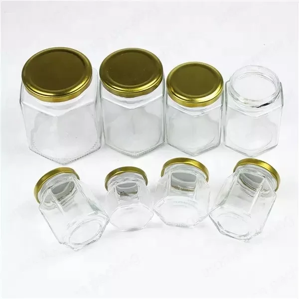 Wholesale 30ml 50ml 60ml Clear Glass Storage Jar Hexagon Kitchen Glass Bottle Round Glass Honey Jar  With Gold Lids