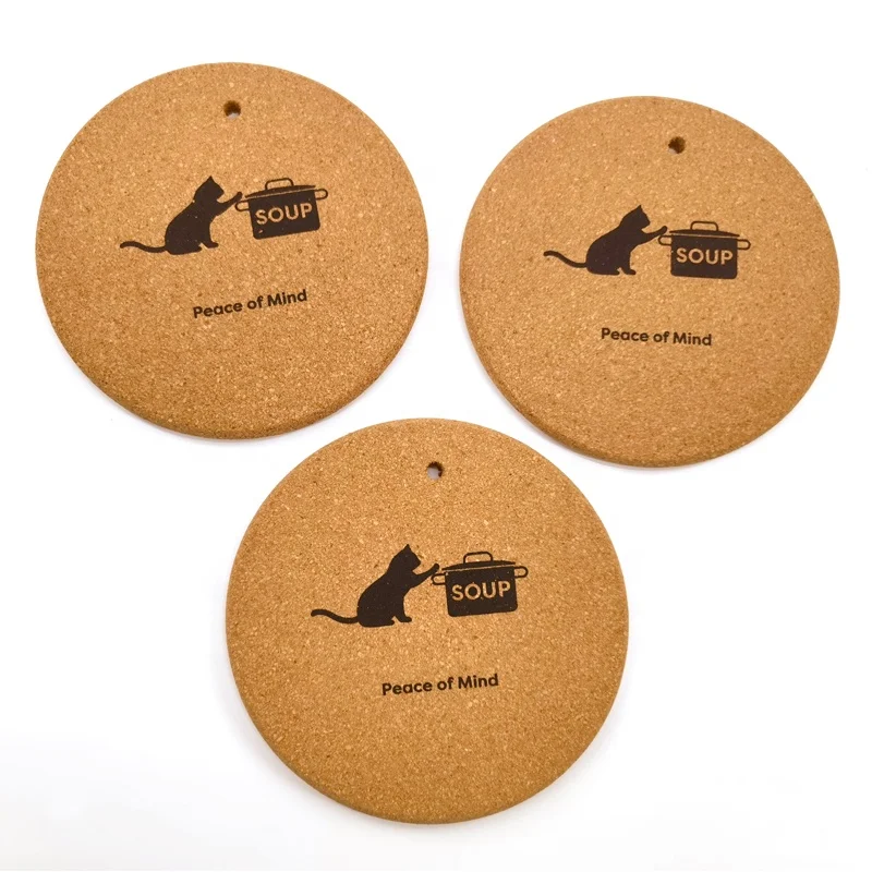 Economical custom design recyclable round pad kitchen pot holder round blank natural cork case coaster cork cat coaster
