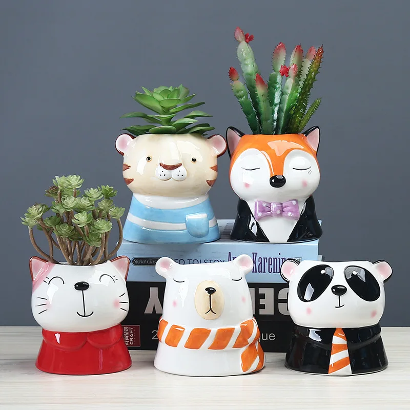 
Cute small animal Fox Cat Panda Tiger Ceramic Succulent Planter Pot Bonsai Plant Vase Cactus Flower Pots with Drain Hole 