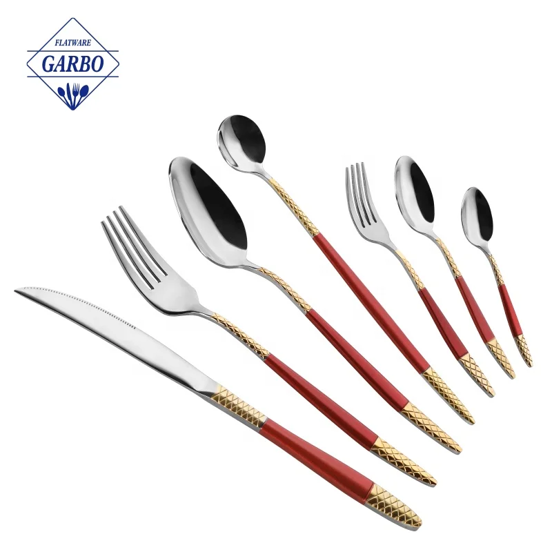 Arabic 13/0 rose gold PVD coat stocked stainless steel cutlery flatware set dinner spoon fork knife with spraying colored handle