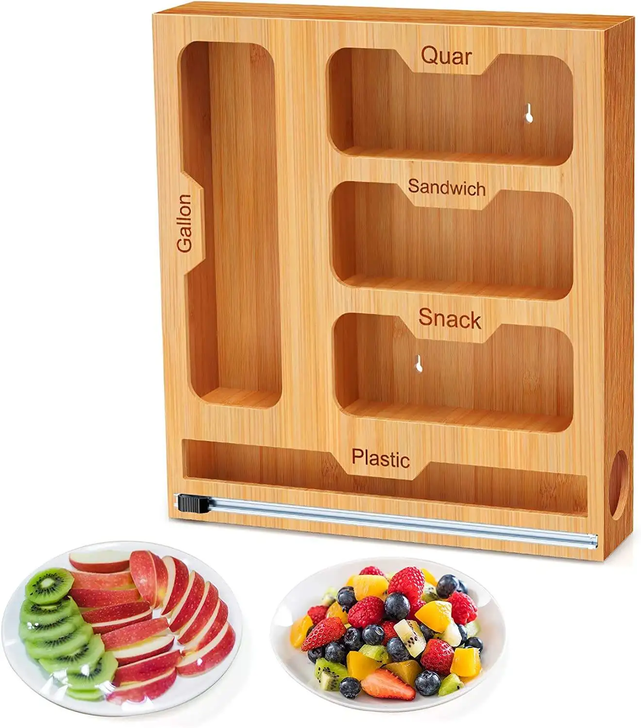 Hot selling Customized 5 In 1 Bamboo Ziplock Bag Roll Storage Organizer Plastic Foil Wrap Organizer Suitable For Kitchen Drawer