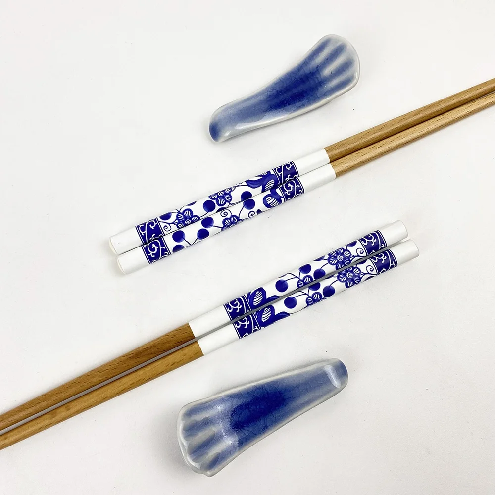 hot sale in 2024. Traditional Chinese style blue and white wooden classic chopsticks with ceramic holders