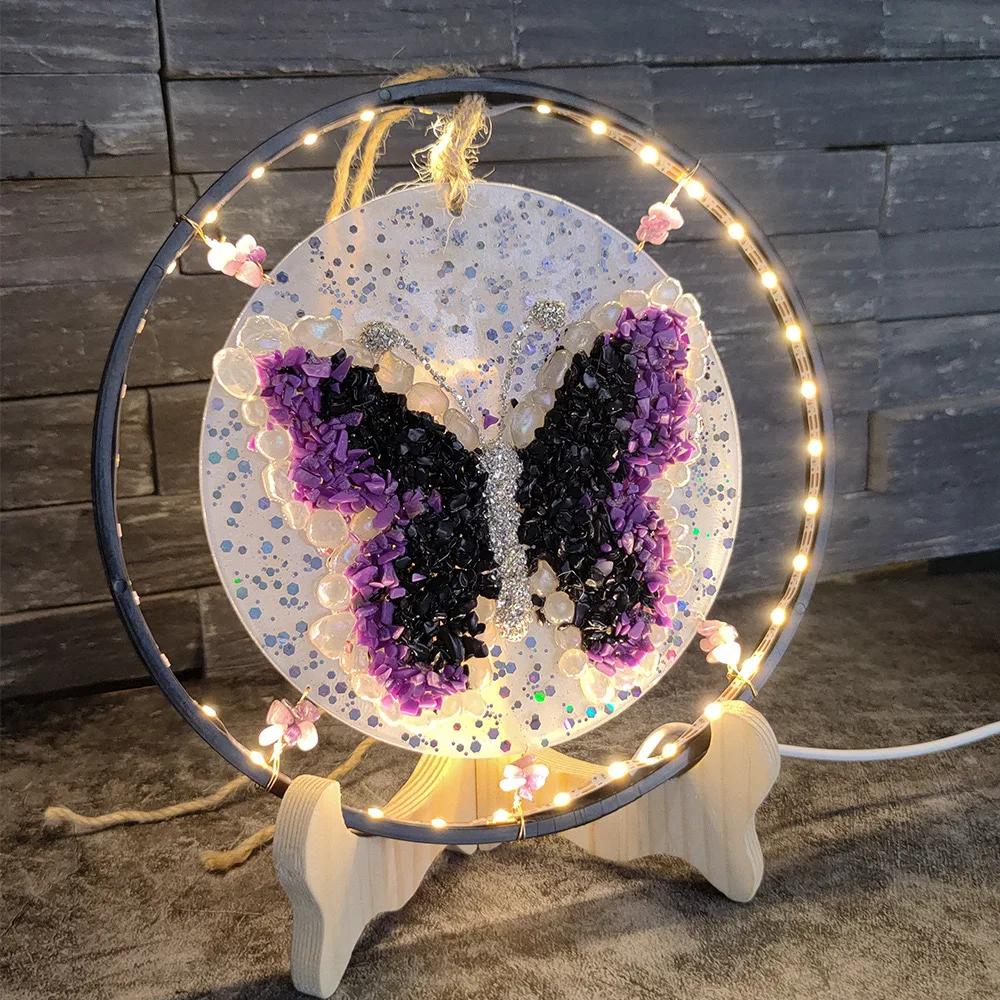 Wholesale Natural Crystal Butterfly Lamp Healing Crystals Gravels Crafts Quartz LED Round Dragonfly Lamp for Home Decoration