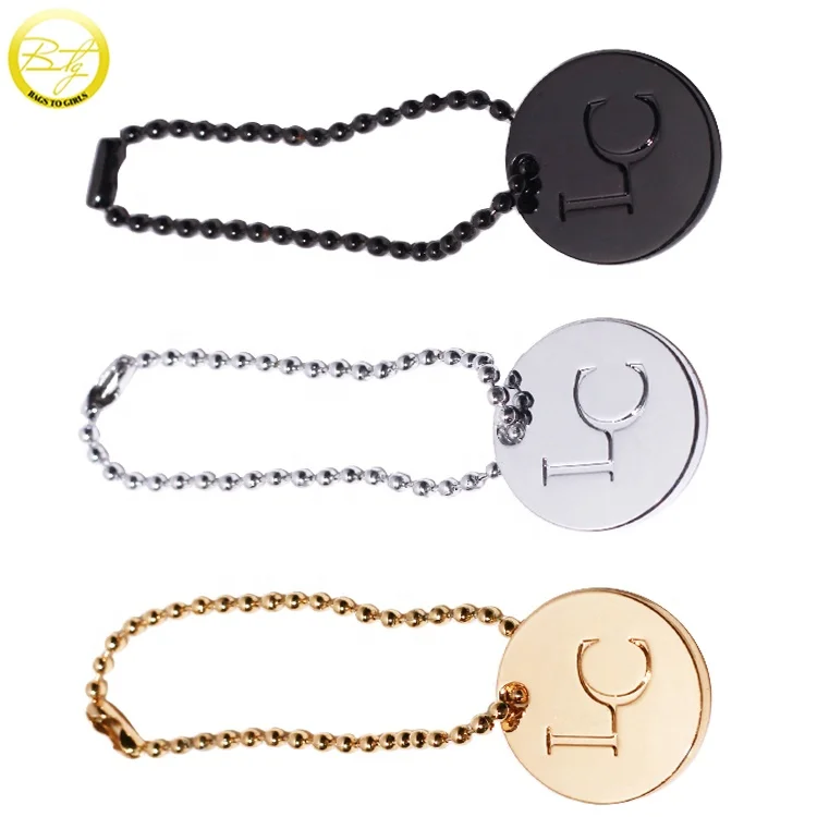 Promotional cheap handbag round chain tags zinc alloy brand letters metal nameplate for purse accessory