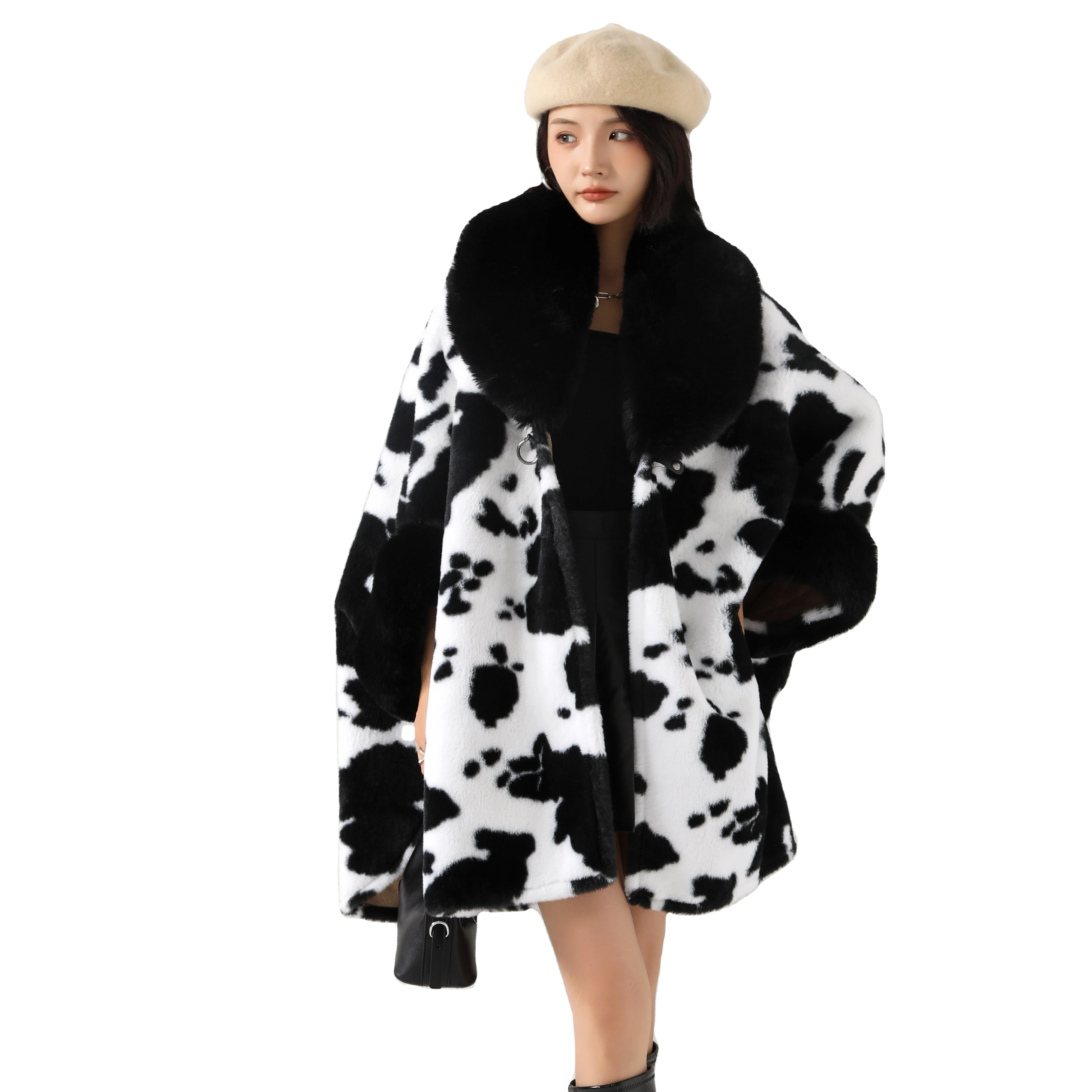 oversized loose bat sleeves, mid-length imitation otter rabbit fur collar cape Cow spots shawl