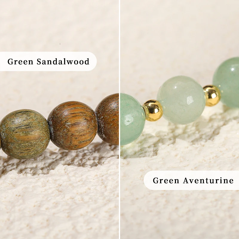 JD GEMS Wood Prayer Bead Mala Meditation Bangles Jewelry 6mm Green Sandalwood Natural Green Aventurine Gourd Multilayer Bracelet