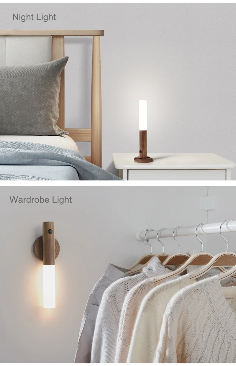 Modern Mini Wooden LED Night Light 500mAh Rechargeable Wall Lamp with Intelligent Body Sensor for Bedroom or Home Use