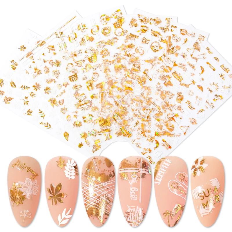 11 designs 10.5*8cm options 3d self adhesive glitter laser gold nail sticker decal letter for nail art