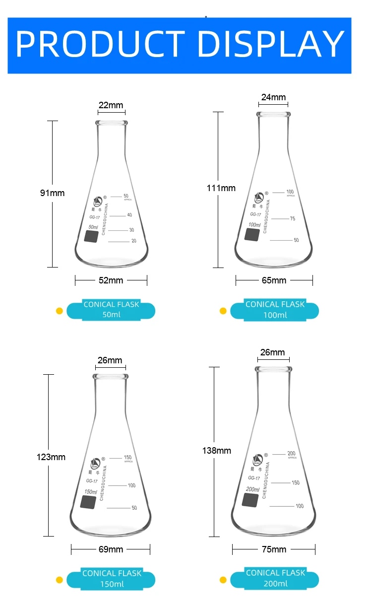 Lab Use Narrow Neck 250ml 500ml 1000ml  Erlenmeyer Flask distilling flask engler