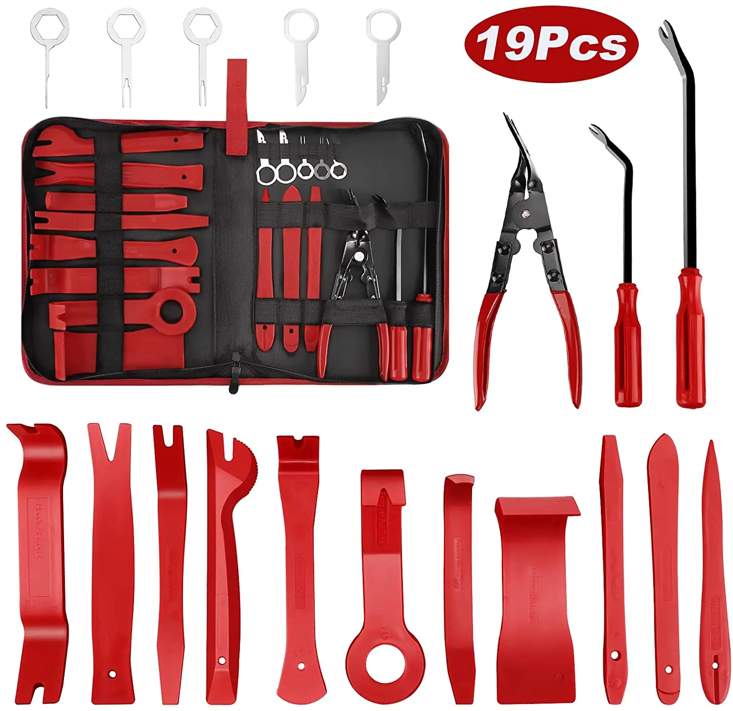 19 Pcs Trim Removal Tool, Auto Clip Pliers Fastener Terminal Remover Set, Plastic Pry Tool Kit for Car(Red)