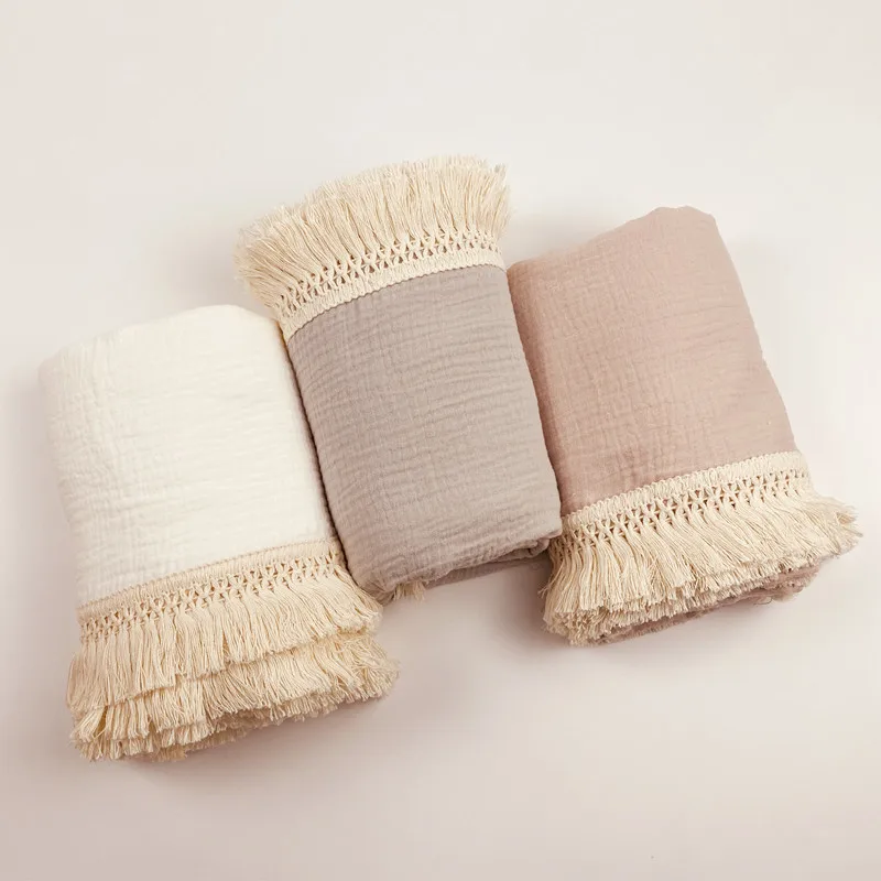 100% Organic cotton muslin fringe baby blanket boho lace muslin baby swaddle four seasons best gift for newborn infant