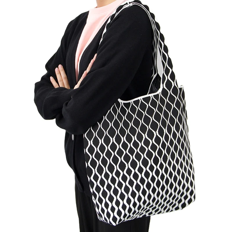 Female Knitting bag Underarm Fashion Bag  Knitted Handbag Crochet Women Strip Knitting handbags