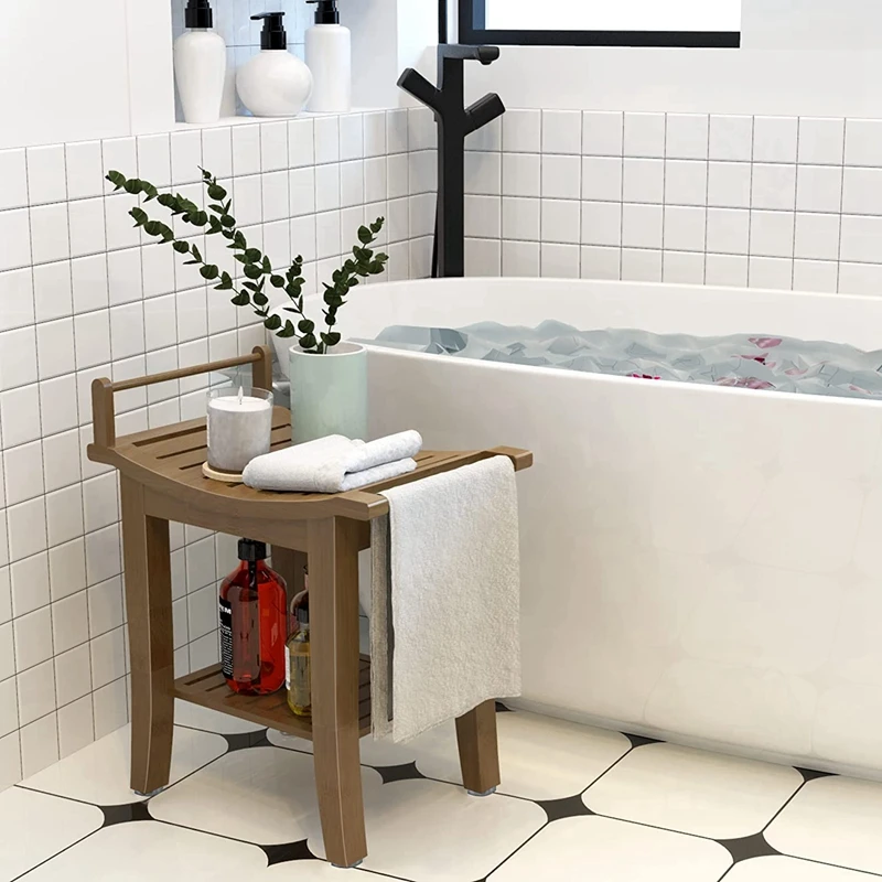Bamboo Shower Bench with Storage Shelf, 2-Tier Spa Seat Bath Stool with Grab Bar for Bathroom