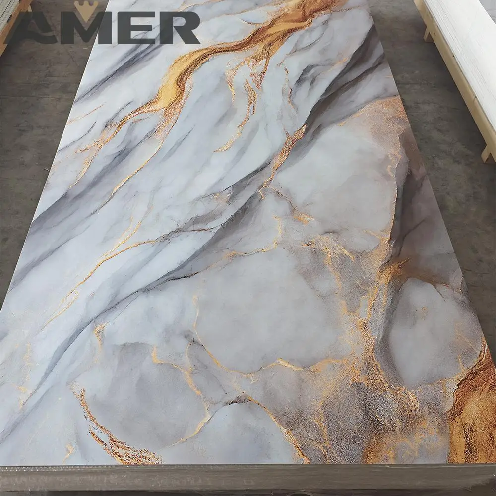Amer Waterproof High Glossy Marble Alternative Wall Panel Board PVC UV Marble Sheet For Interior Decoration