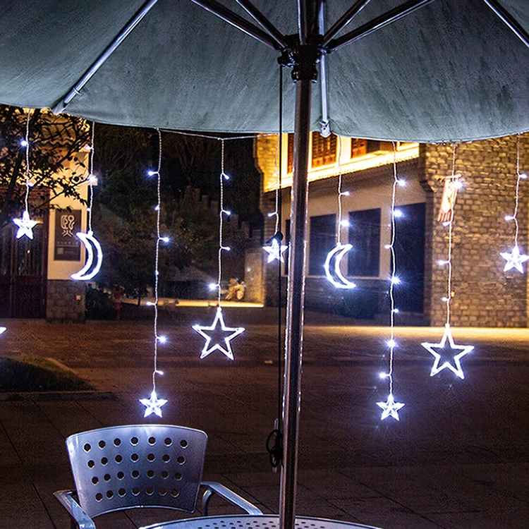LED Solar Panel  Christmas Fairy String Little Twinkle Star and Moon Curtain Decorative Lighting