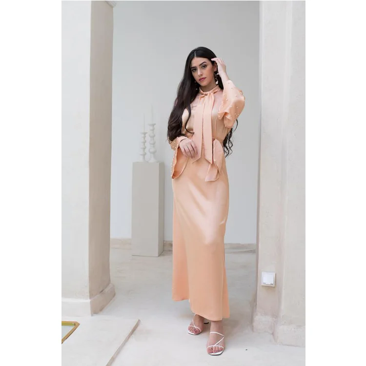 
1309 MuslimQLO dubai smooth satin bubble bead sleeve long bow tie muslim dress abaya muslim dresses women 