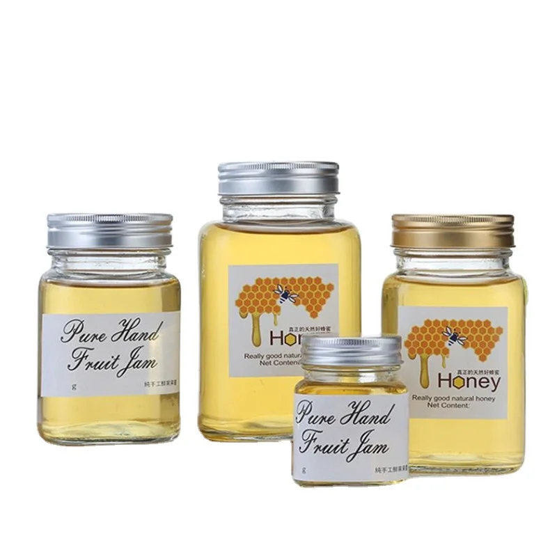 
In Bulk 200ml 280ml 380ml 500ml 730ml Square Clear Glass Honey Jam Sauce Jar With Metal Lid 