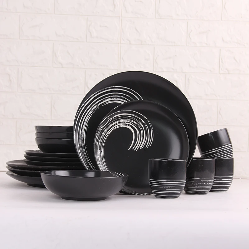 Wholesale Porcelain White Curve Matte Black Tableware 16pcs Dinner Set Bowl Mug Plate Ceramic Noritake Dinnerware