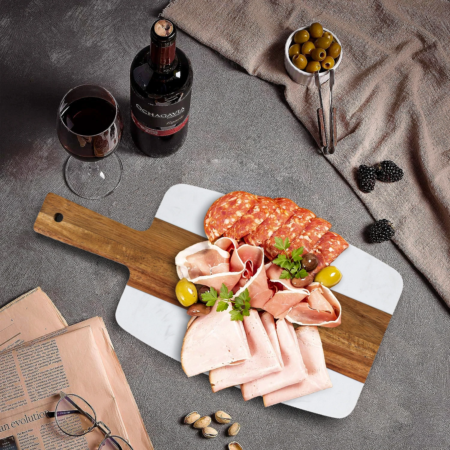 GL Large Size Marble Acacia Wood Cutting Board Double-sided Cheese Serving Board With Hanging Hole