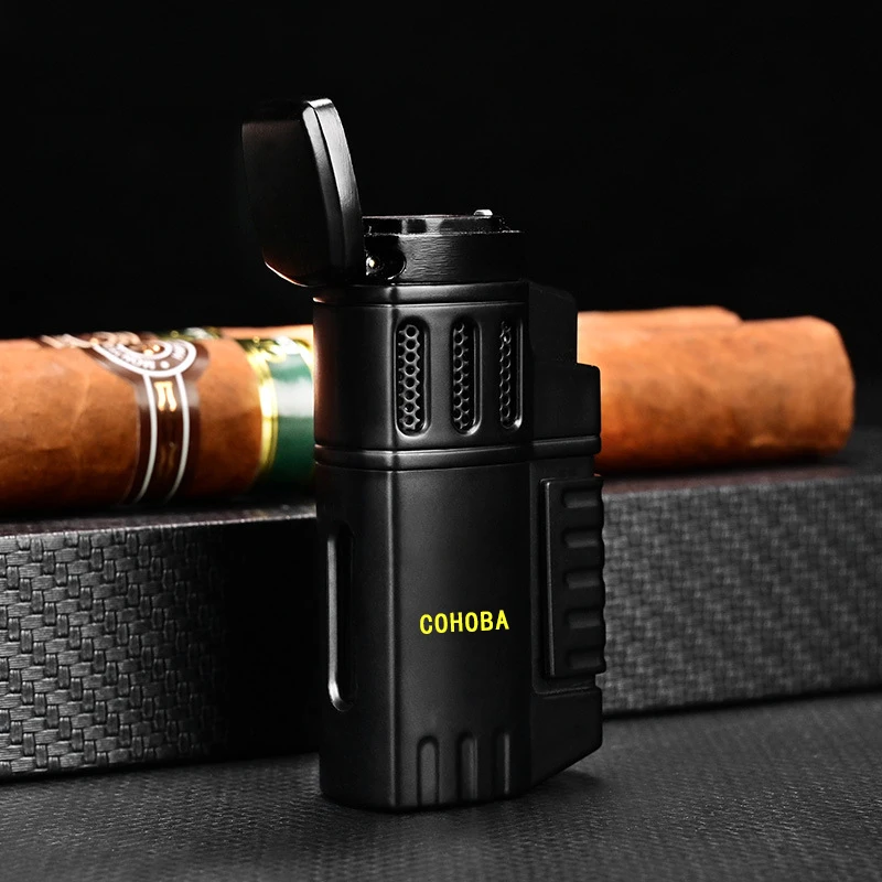Four Fire Flame Gas Refillable Custom Logo Smoking Cigar Lighters For Cigar Cigarette Pipe cigar Accessories