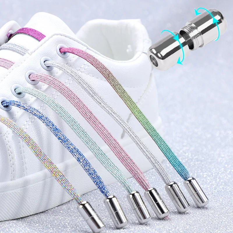 Wholesale custom hot selling colorful flat stretch elastic lazy no tie metal capsule shoelace easy shoe lace