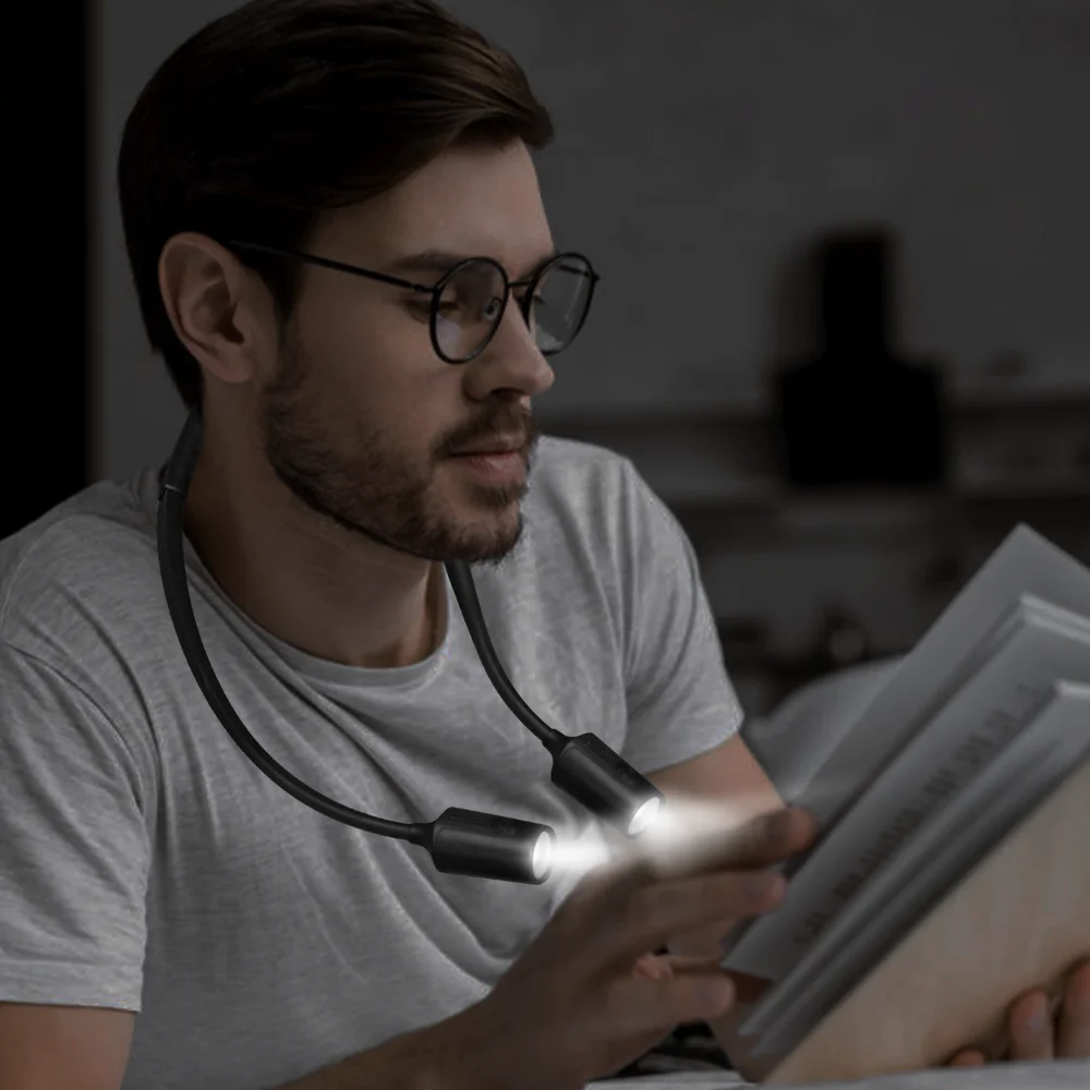 Rechargeable 4 Super Bright LED Book Light 3 Level Control Reading Neck Hug Light White Silk Head Switch Logo Battery Lighting
