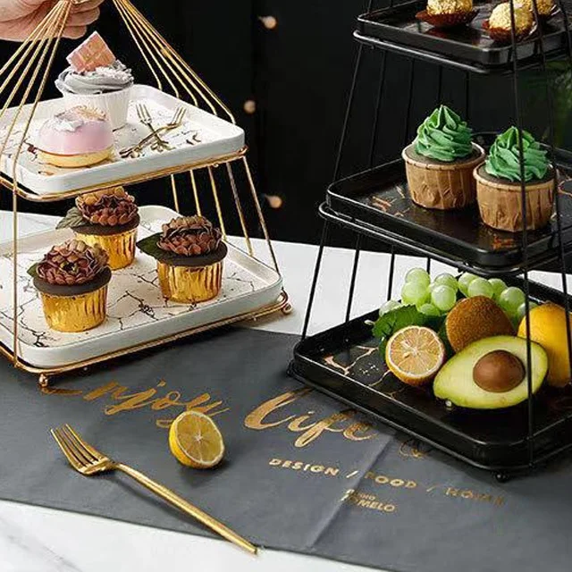 Nordic Three Tier Ceramic Cake Stand Set Afternoon Tea Wedding Plates Party Birthday Dessert Display Cake Tray Metal Tools
