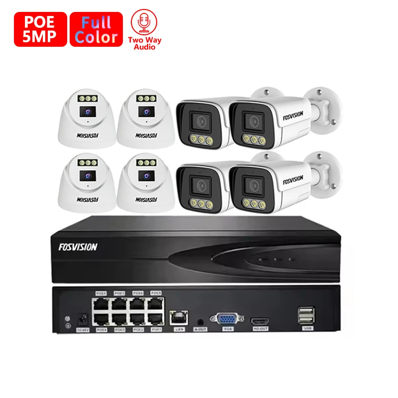 fosvision new product 5mp Ip Poe Nvr CCTV Camera System Camera Kit Set 8 Channel Nvr Home Security Cctv System Two Way Audio