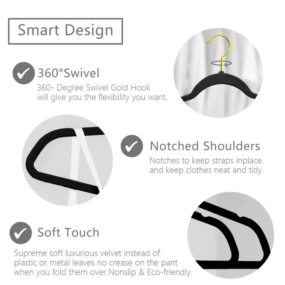 Wholesale Custom Anti Slip Black Velvet Clothes Hangers With Gold Hook