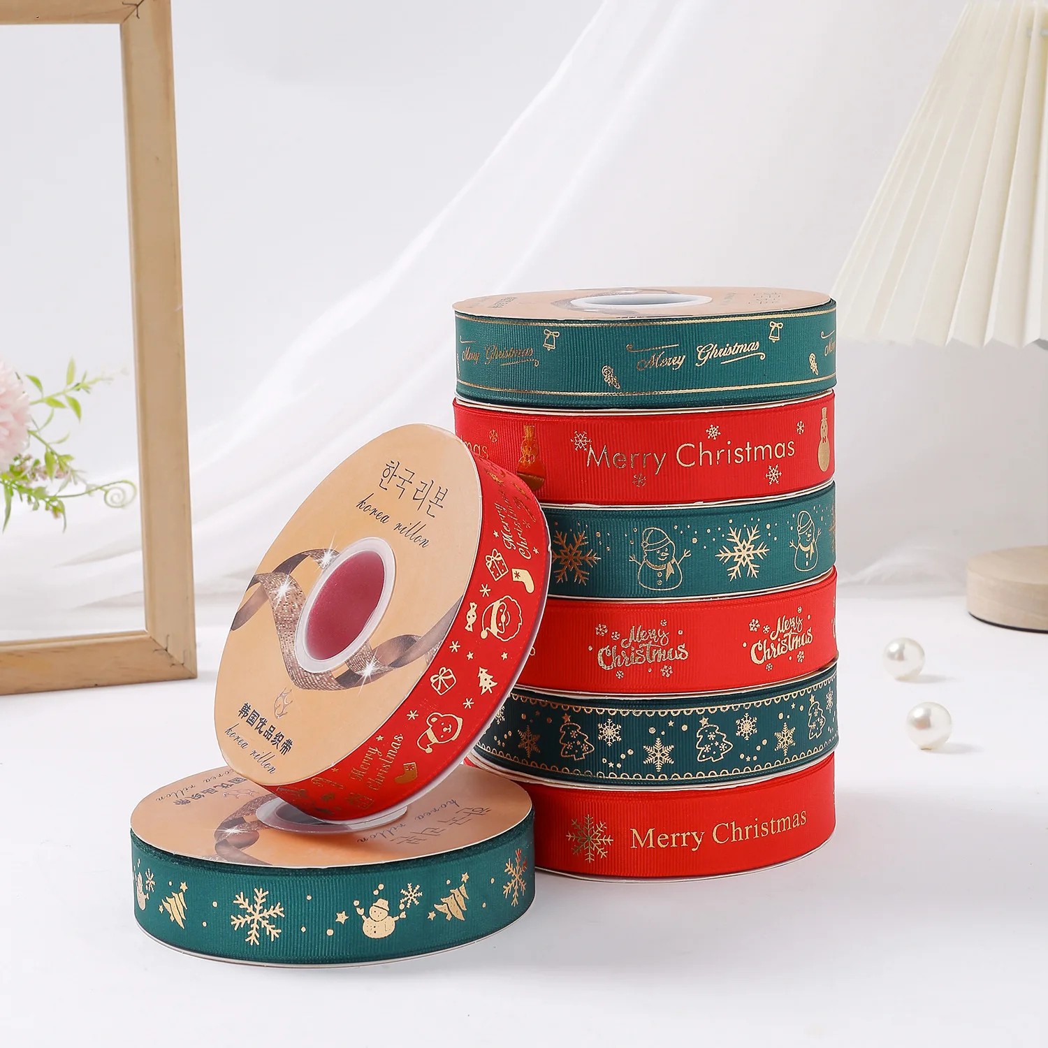 Hanfan Factory  Ribbon Printing Christmas Pattern Foiling Gift Box Packaging Accessories Polyester Silk Ribbon