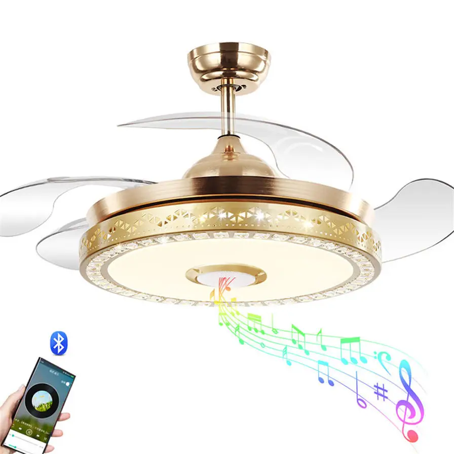 Invisible Ceiling Fan Light with Speaker 7 Colors LED Dining Room Ceiling Home Pendant Light with Remote Control 36W