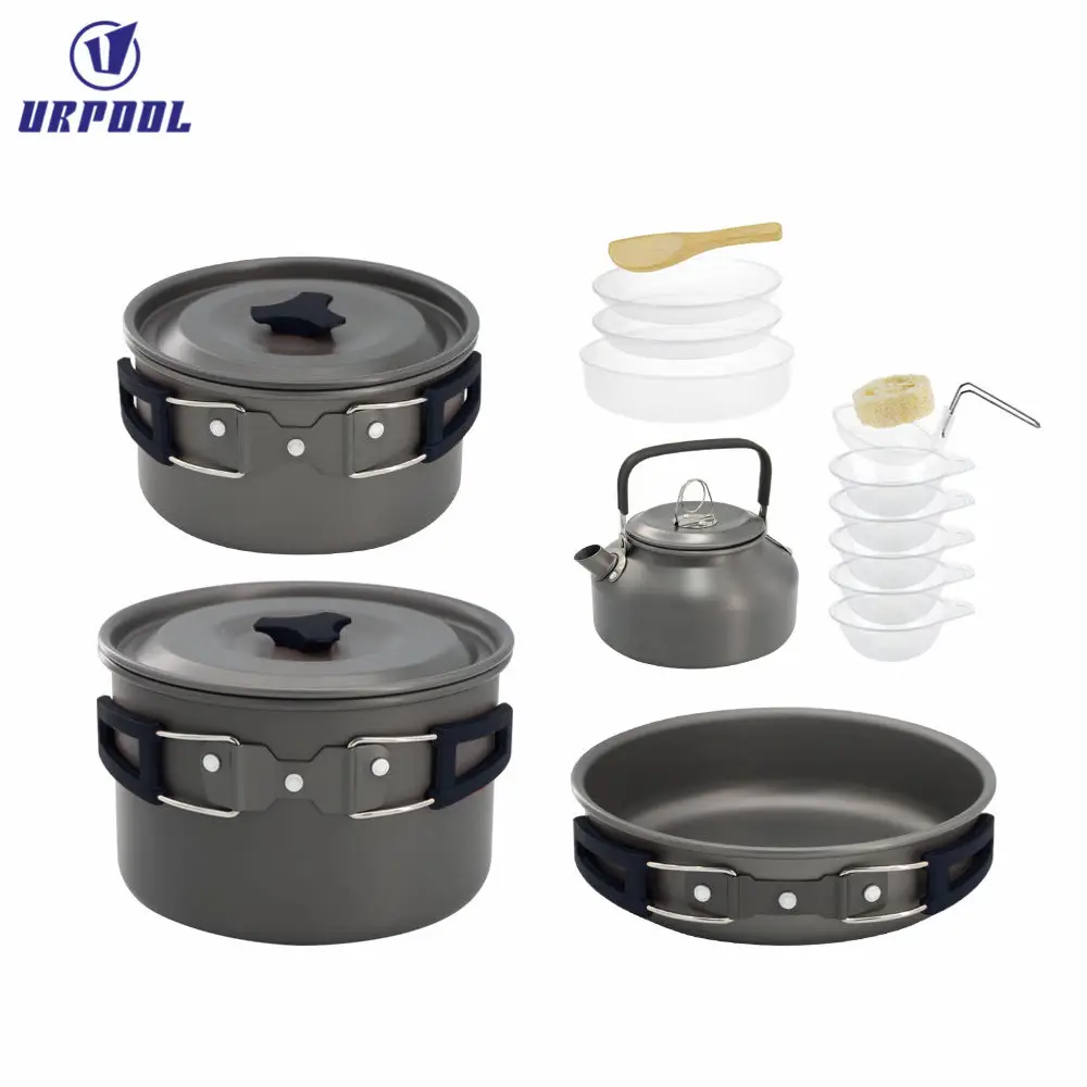 Lightweight Foldable Outdoor Tableware Family Travel Picnic Cooker Hiking Equipment Set Camping Cookware with Kettle for Outdoor