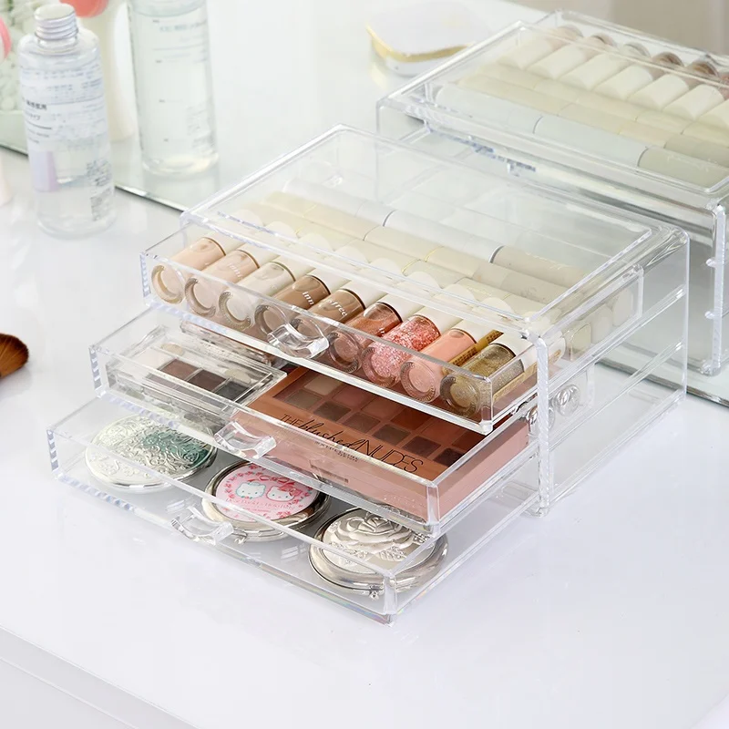 Dresser beauty woman cosmetic jewelry brushes countertop storage drawer box diamond clear plastic makeup organizer