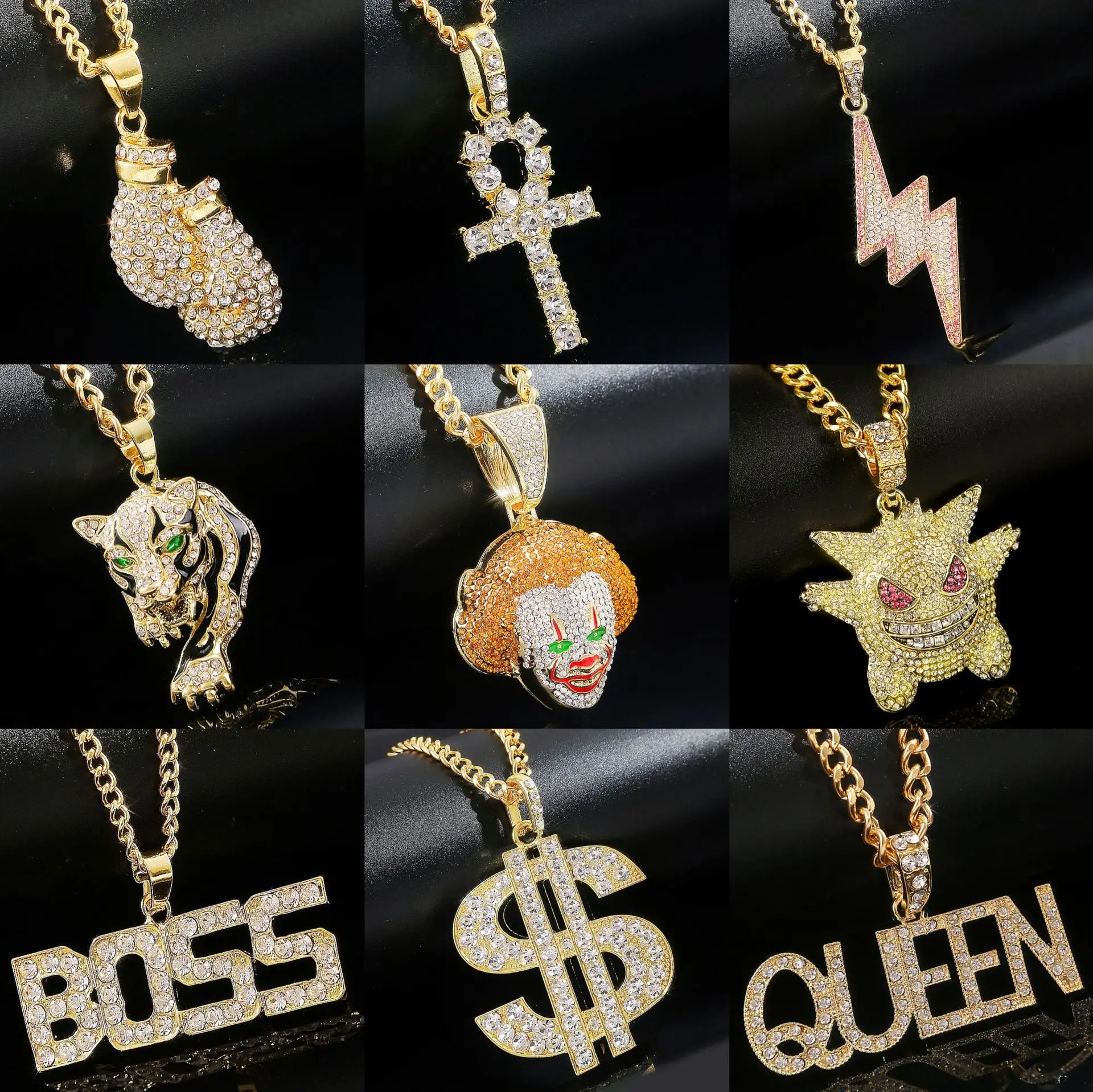 Punk Style Boys Men Hip Hop Full Rhinestone King Shape Pendants Necklaces Iced Out Cuban Link Chain Hiphop Necklace Mens Jewelry